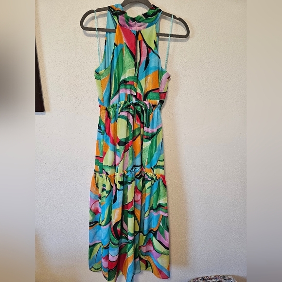 Nicole Miller Halter Chiffon Tiered Colorful Dress Women's Size Medium *See Flaw - Picture 2 of 8